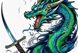 Blue and green dragon around a katana sword tattoo idea