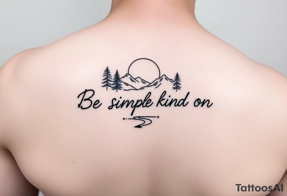 A minimalist tattoo with the words ‘Be a Simple Kind of Man’ in handwritten script, framed by pine trees, mountains, and a rising sun, a river, and moon
Fine line blackwork for the forearm tattoo idea
