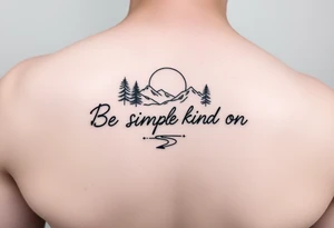 A minimalist tattoo with the words ‘Be a Simple Kind of Man’ in handwritten script, framed by pine trees, mountains, and a rising sun, a river, and moon
Fine line blackwork for the forearm tattoo idea