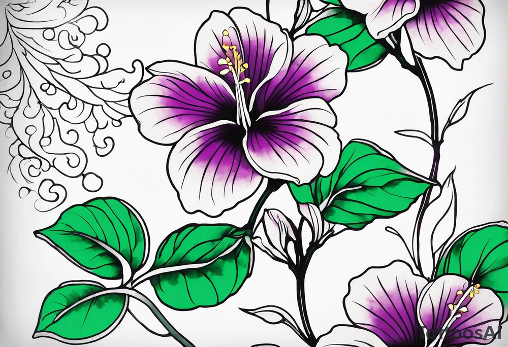 An outline of a rio dipladenia flower with a green and purple watercolor mix in the background tattoo idea
