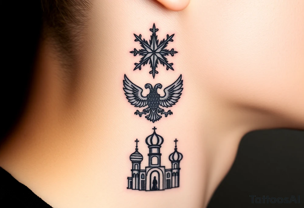 Stacked Vertical Column 

Russian star — small, bold
Middle: Miniature double-headed eagle — simplified, cleaner lines to suit the smaller space
Bottom: Orthodox church dome(s) with a small Virgin Mary silhouette beneath tattoo idea