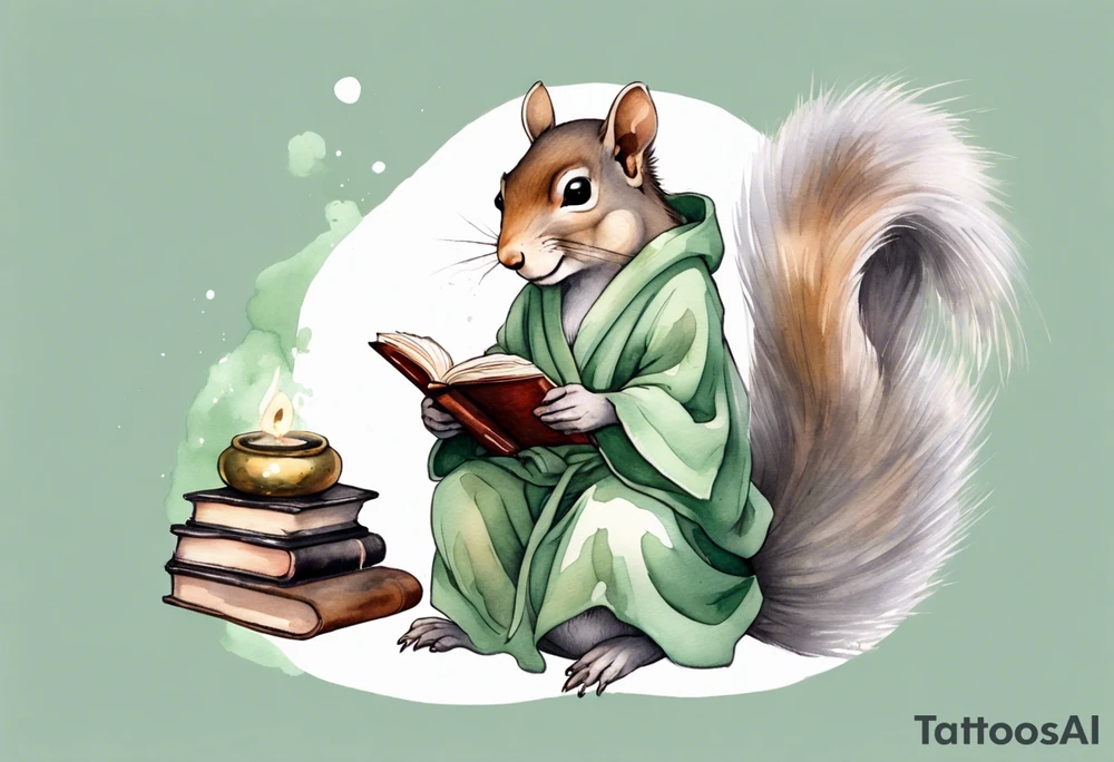 a grey squirrel with long feminine hair and a sage green robe, holding a magic book tattoo idea