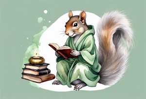 a grey squirrel with long feminine hair and a sage green robe, holding a magic book tattoo idea