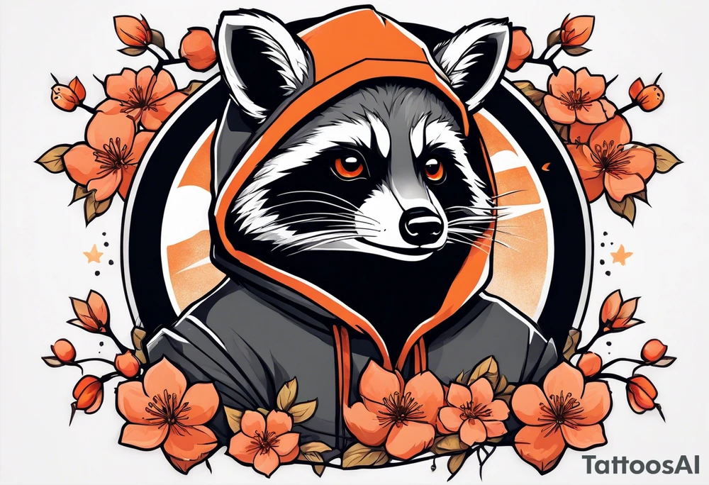 Raccoon wearing a white Superman logo on a black hoodie and orange Japanese cherry blossoms tattoo idea