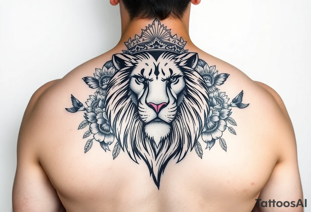 powerful majestic lion with a crown, surrounded by floral ornaments and birds tattoo idea