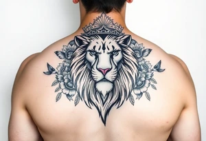 powerful majestic lion with a crown, surrounded by floral ornaments and birds tattoo idea