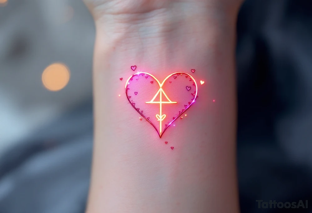 A symbol of rune of love in the shape of a heart, carved with clean, sharp edges. The design glows with a warm golden light, and the background features a lavender glow. Tiny hearts float around the symbol, representing infinite devotion. tattoo idea
