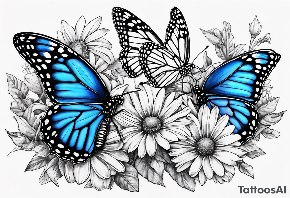 Blue monarch butterflies and daisies tattoo idea