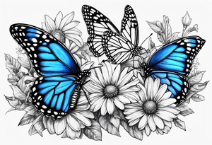 Blue monarch butterflies and daisies tattoo idea