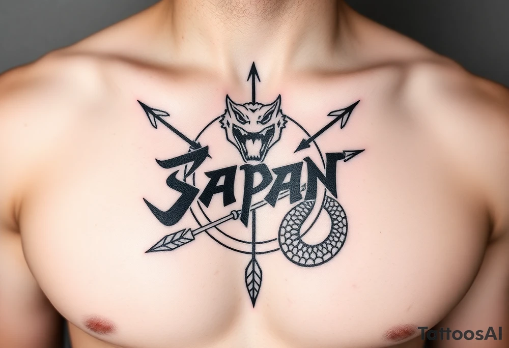 chest japan theme with naga lettering and arrow and snake tattoo idea