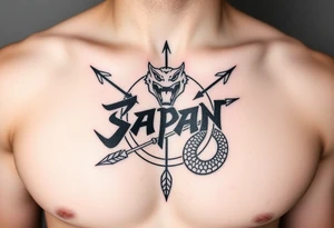 chest japan theme with naga lettering and arrow and snake tattoo idea