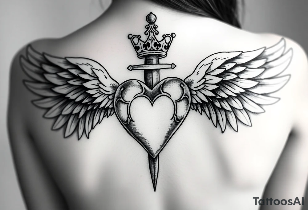 Sensual femeninepowerful 3d heart with the sword hilt on top an a crown on a top side, sith two angel gothic wings spread, but a but apart from the heart. It will be located on the coxis tattoo idea