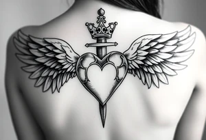 Sensual femeninepowerful 3d heart with the sword hilt on top an a crown on a top side, sith two angel gothic wings spread, but a but apart from the heart. It will be located on the coxis tattoo idea