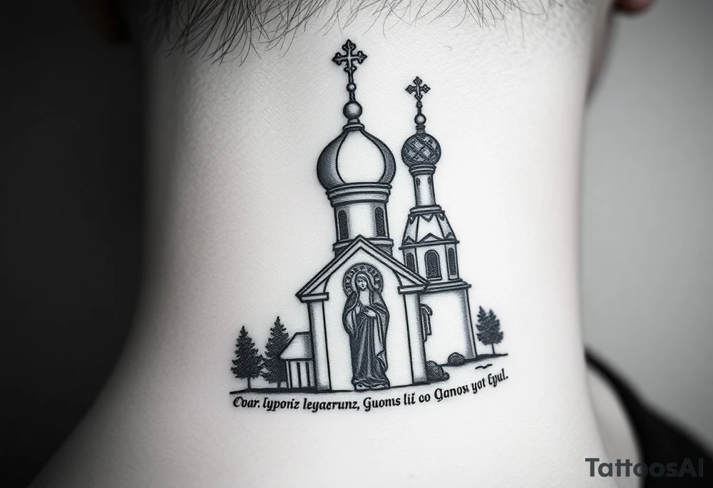 rusian orthodox domes church with a virgin mary in a russian rural village with Church Slavonic script or Cyrillic text — a prayer or meaningful phrase running along the sides tattoo idea