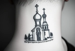 rusian orthodox domes church with a virgin mary in a russian rural village with Church Slavonic script or Cyrillic text — a prayer or meaningful phrase running along the sides tattoo idea