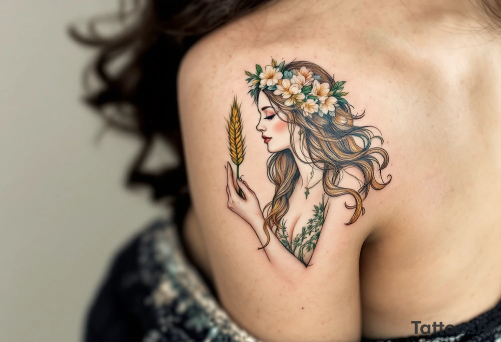 A beautifully detailed Virgo goddess with long flowing hair, wearing a delicate floral crown. She holds a stalk of wheat in her hand, symbolizing harvest and nurturing energy. The design is enriched with earthy tones like deep green, soft brown, and warm gold, enhancing Virgo’s grounded nature. tattoo idea