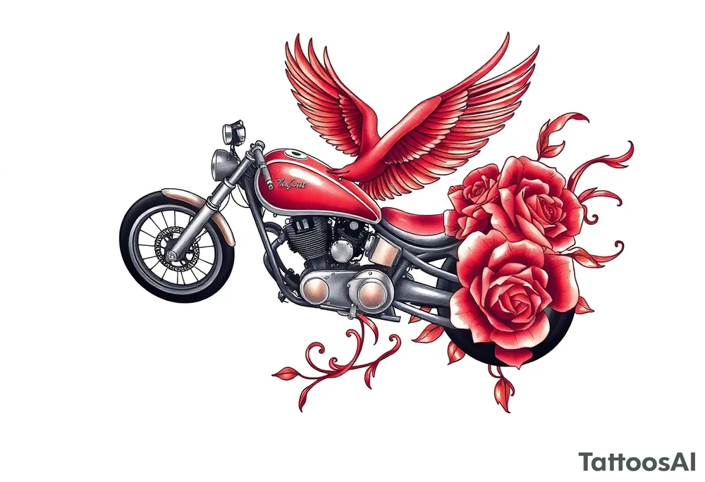 Motorcycle, red bird flying, roses and lace, flames tattoo idea