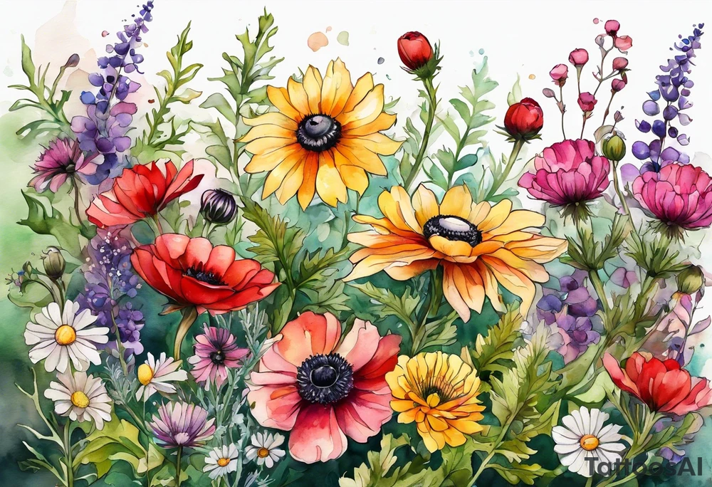 wildflowers with thistles, ferns, ranuculus, white anemones with black center, sun flowers, red flowers, pink flowers, purple flowers, buttercups, babys breath, daisies, and greenery all in watercolor tattoo idea