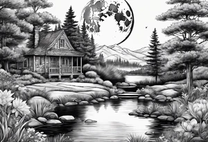 Hidden, secret garden, lake, day moon, beauty, cabin, pond tattoo idea