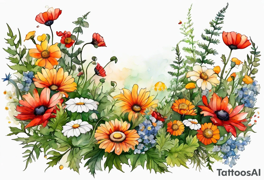 simple wildflowers cascading with thistles, ferns, white anemones, sun flowers, red flowers, green flowers, buttercups, orange flowers, babys breath and daisies all in watercolor tattoo idea
