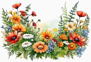 simple wildflowers cascading with thistles, ferns, white anemones, sun flowers, red flowers, green flowers, buttercups, orange flowers, babys breath and daisies all in watercolor tattoo idea