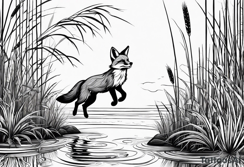 Fox jumping in swamp reeds tattoo idea