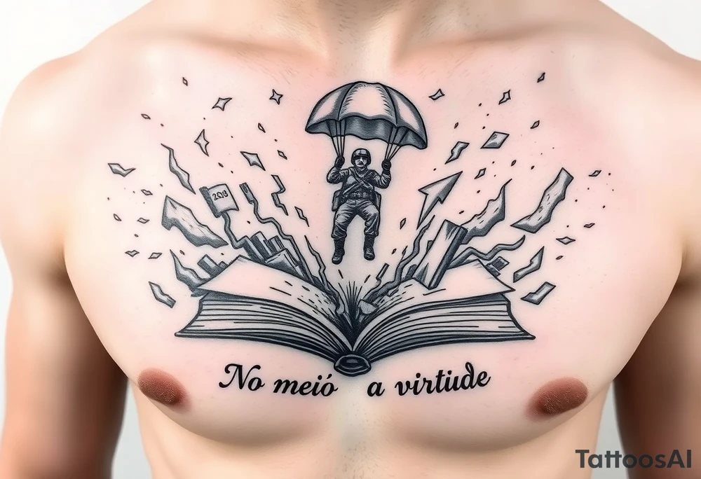 A parachuting soldier landing into an open book. Chaos surrounding, but the book is protecting the soldier from it. On the chest. Make it smaller. Thought provoking. 1936-2020  and "No meio esta a virtude" underneath the book tattoo idea