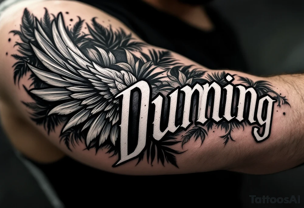 Dunning, Details include on left arm, name in white color,angel wing, wet jungle leaves,cool font, galaxy background filling, tattoo idea