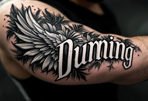 Dunning, Details include on left arm, name in white color,angel wing, wet jungle leaves,cool font, galaxy background filling, tattoo idea