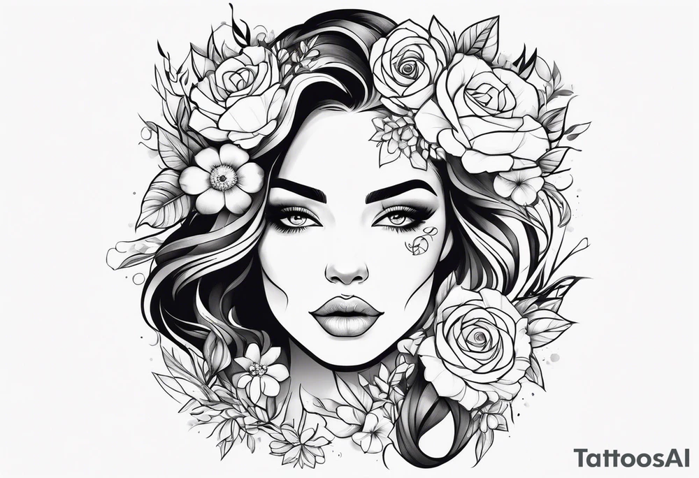 Powerful women’s face with flowers around tattoo idea
