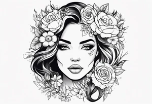 Powerful women’s face with flowers around tattoo idea