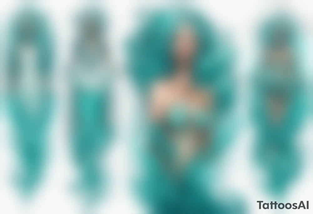 a tall woman made of water with turquoise hair surrounded by the ocean tattoo idea