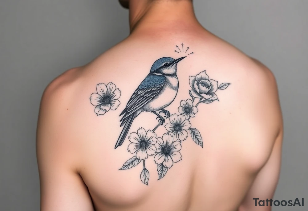 Bluebird with flowers tattoo idea