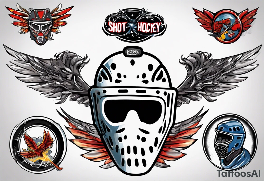 hockey puck with wings and a goalie mask that says "SHOT HOCKEY" tattoo idea