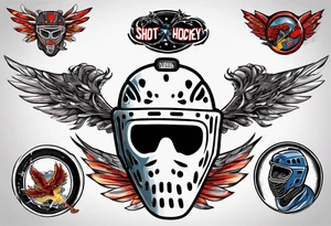 hockey puck with wings and a goalie mask that says "SHOT HOCKEY" tattoo idea