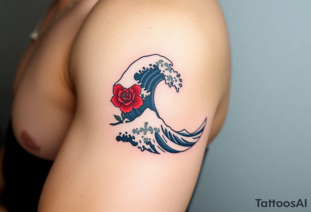 The Great Wave off Kanagawa With a red rose in the curve of the wave tattoo idea