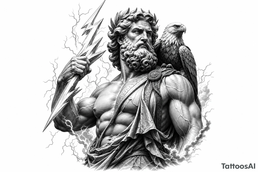 Zeus wielding a lightning bolt, eagle perched on his shoulder, classical Greek sculpture style. tattoo idea