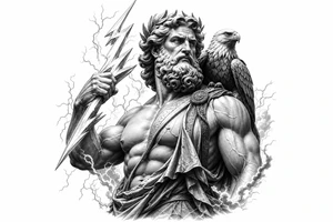 Zeus wielding a lightning bolt, eagle perched on his shoulder, classical Greek sculpture style. tattoo idea