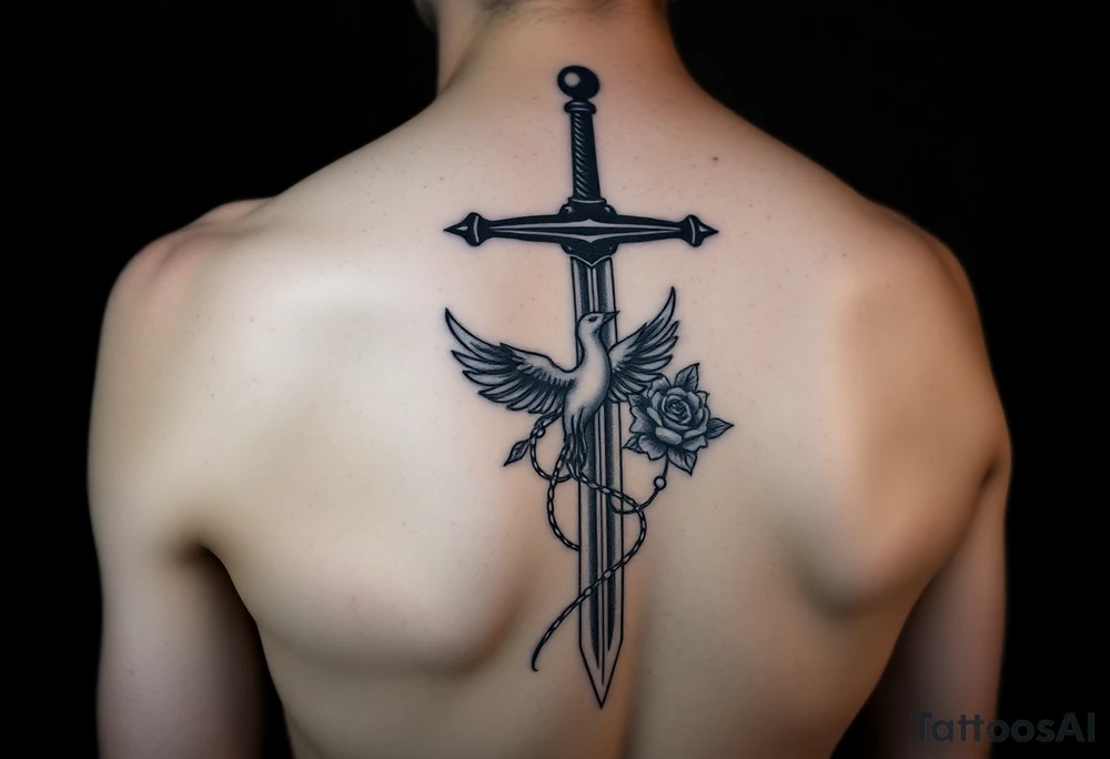 Cross sword on arm darkened in with roses pearls and a small phoenix rising from the ashes feminine tattoo idea