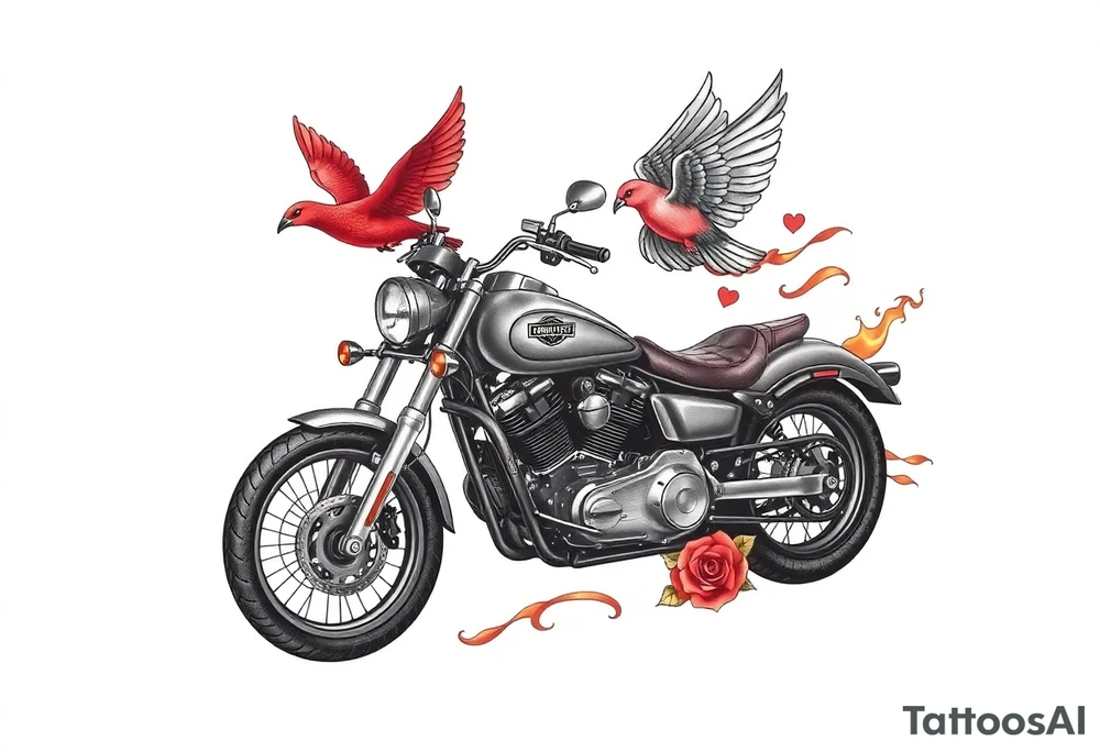Harley grey motorcycle driving away, two red birds flying, roses, flames, angel wings tattoo idea