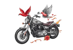 Harley grey motorcycle driving away, two red birds flying, roses, flames, angel wings tattoo idea