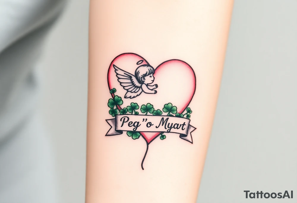 a big pale pink heart and a whimsical angel in a bunch of green shamrocks, a banner across the heart that says Peg 'o My Heart tattoo idea