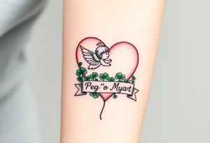 a big pale pink heart and a whimsical angel in a bunch of green shamrocks, a banner across the heart that says Peg 'o My Heart tattoo idea