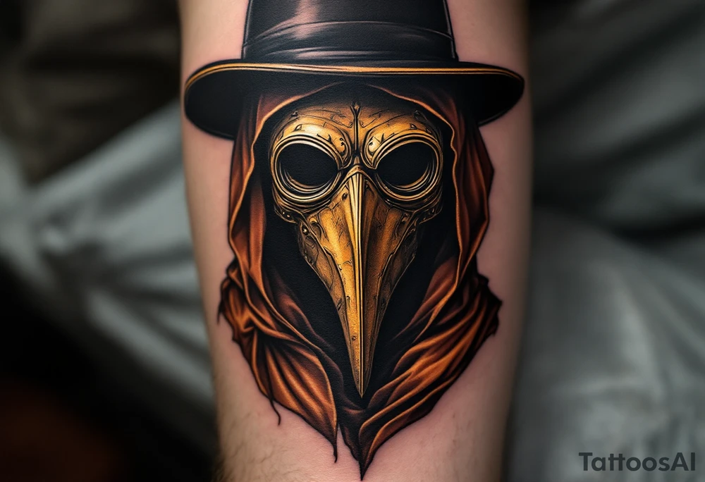 Renaissance-Inspired Plague Doctor – A highly detailed, old-world-style illustration of a plague doctor with a weathered brown leather mask, a black hat, and deep folds in the cloak, resembling classic Renaissance etchings. tattoo idea