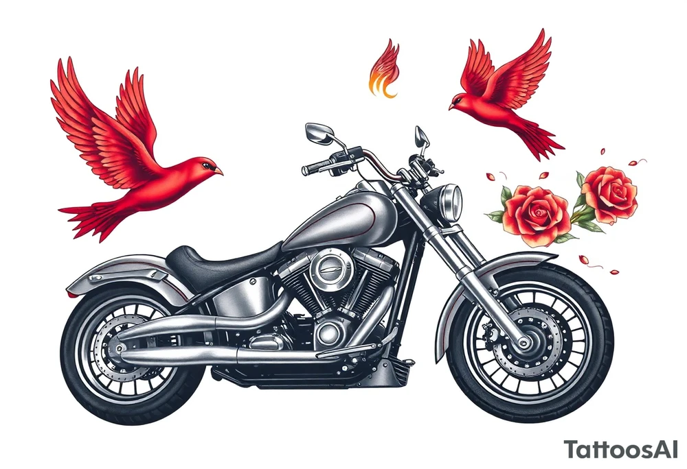 Harley grey motorcycle driving away, two red birds flying, roses, flames, angel wings tattoo idea