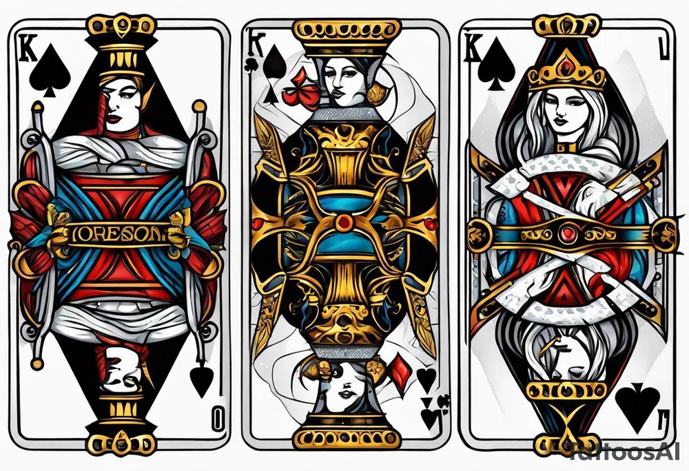 King, queen of spades cards with swords tattoo idea