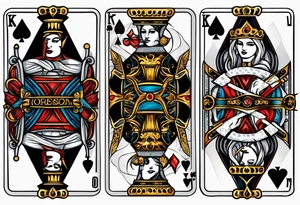 King, queen of spades cards with swords tattoo idea