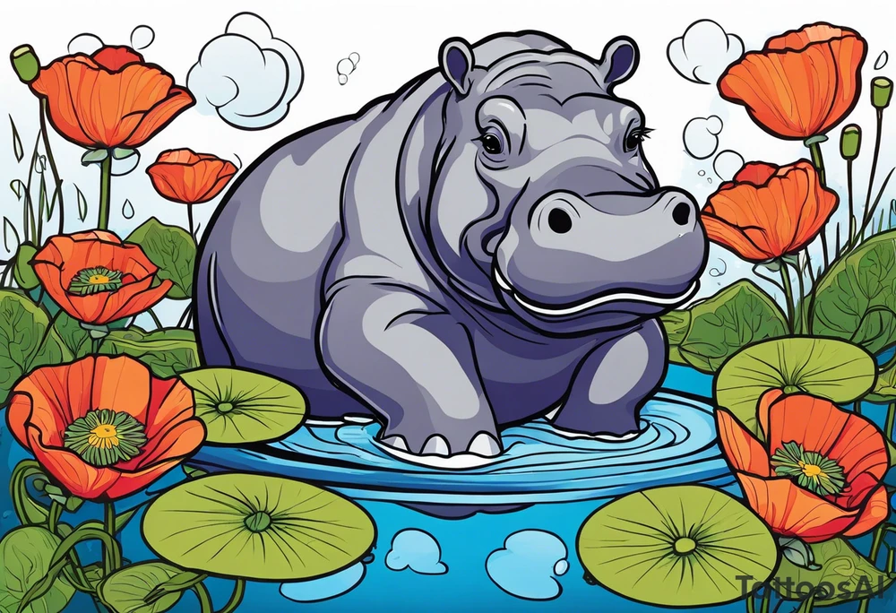 Hippopotamus, poppies, water lilies, tattoo idea