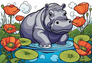 Hippopotamus, poppies, water lilies, tattoo idea