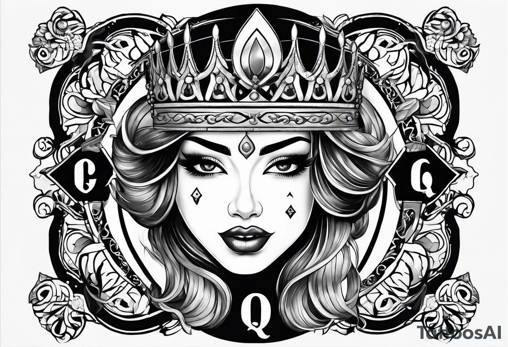 Latina Queen ahegao, drooling, happy, Spade Symbol with letter Q in the center of the spade framed, surrounded by whitespace tattoo idea